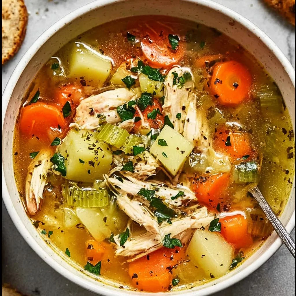Bowl of easy turkey soup with vegetables and herbs, perfect for a warm meal.