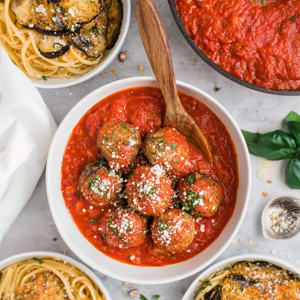 Plate of homemade eggplant meatballs garnished with herbs and served with marinara sauce.