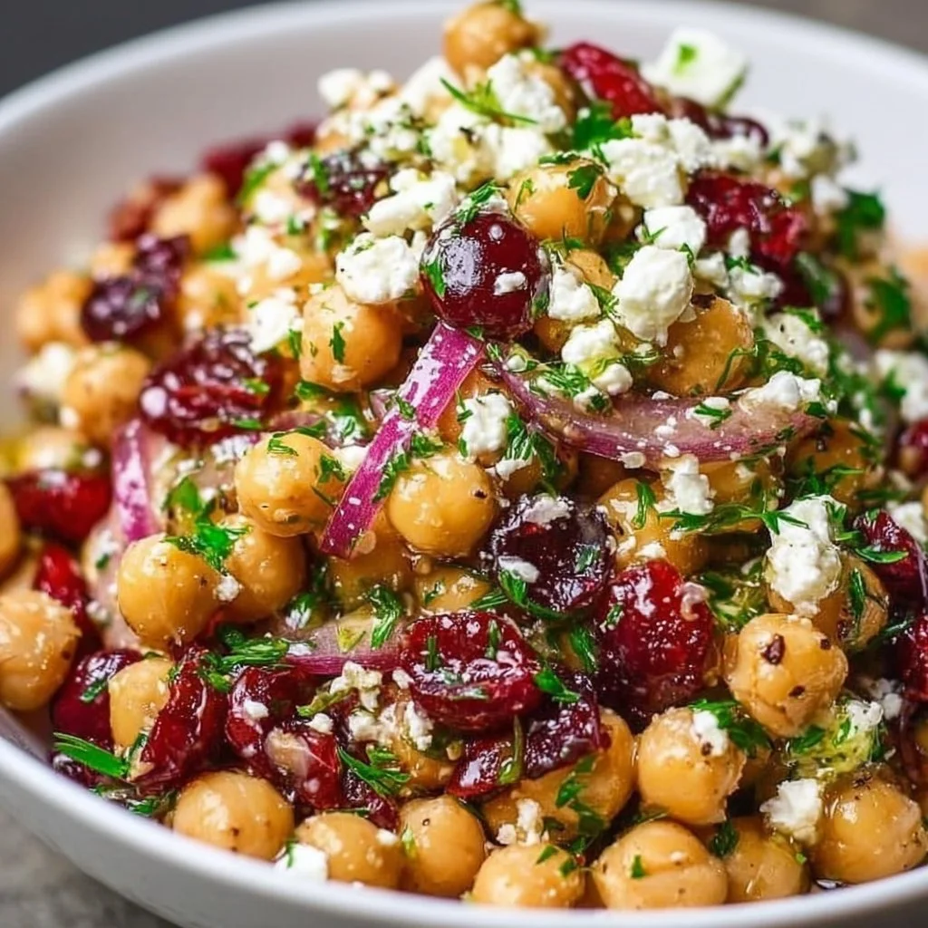 Feta and Cranberry Chickpea Salad with a drizzle of Lemon Vinaigrette