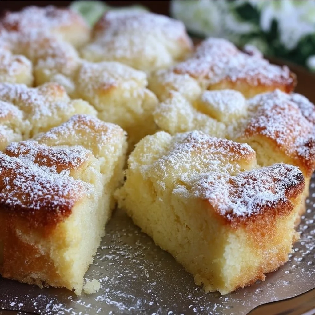 Slice of delicious French Butter Cake with a buttery texture and golden crust