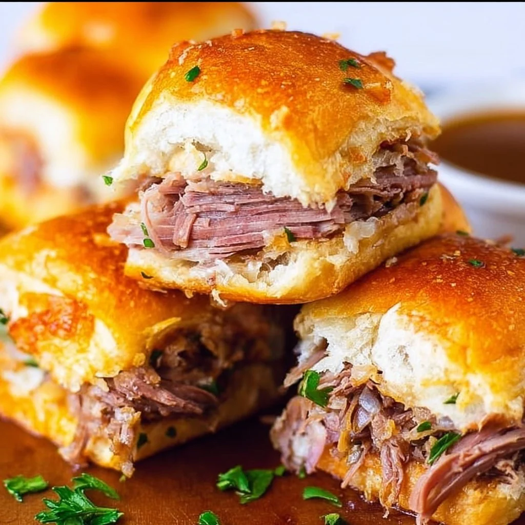 Delicious French Dip Sliders served with dipping broth on a platter.