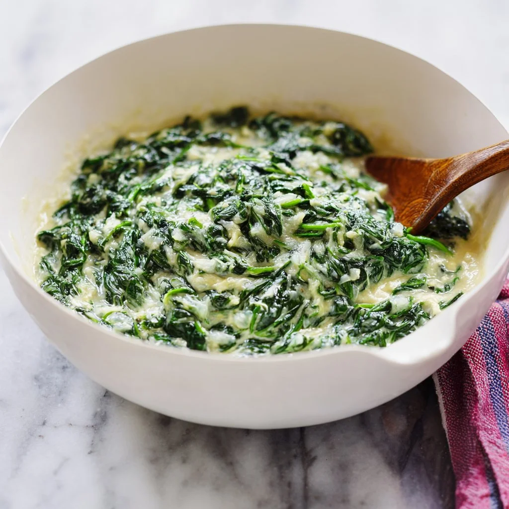 Delicious bowl of fresh creamed spinach recipe, creamy and inviting side dish