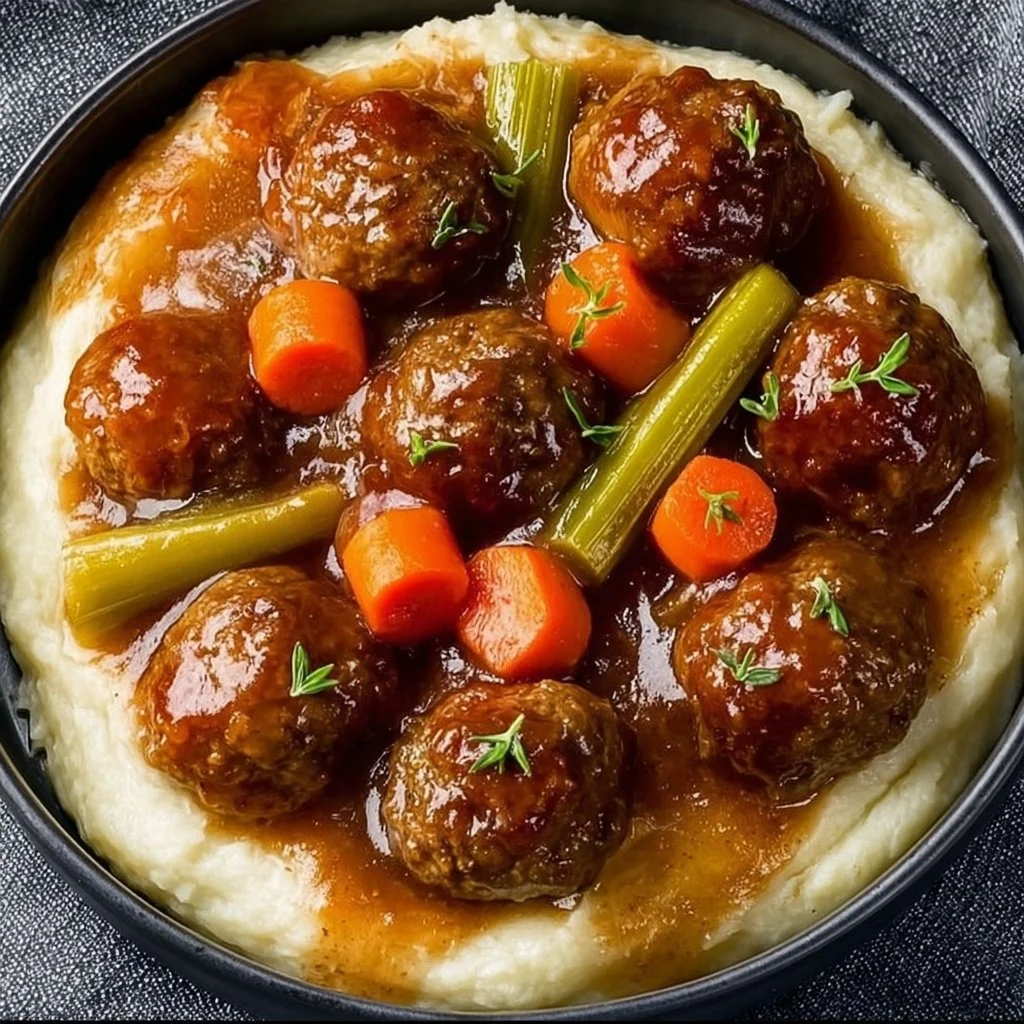 Frozen meatball pot roast meal in a bowl with vegetables and gravy