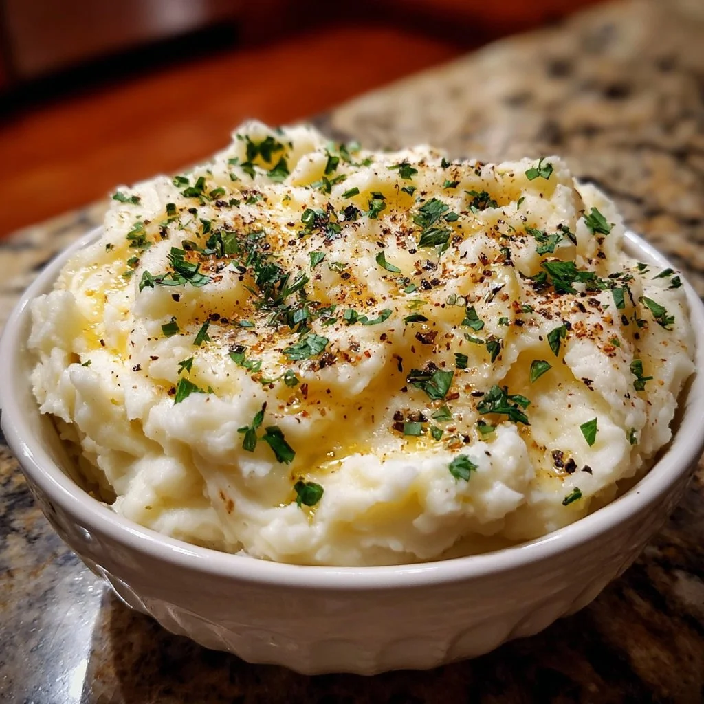 Creamy garlic mashed potatoes topped with fresh herbs in a serving bowl