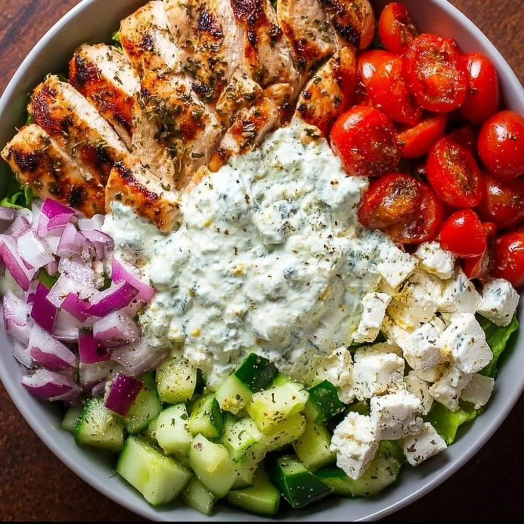 Delicious Greek Chicken Bowl with fresh vegetables and vibrant ingredients