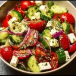 Delicious Greek Cucumber Tomato Feta Salad with fresh vegetables and feta cheese