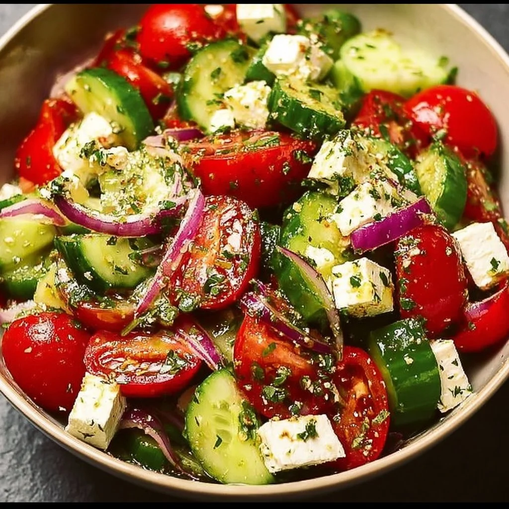 Delicious Greek Cucumber Tomato Feta Salad with fresh vegetables and feta cheese