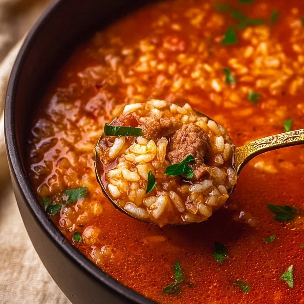 Bowl of hearty tomato rice soup with fresh herbs and rice grain