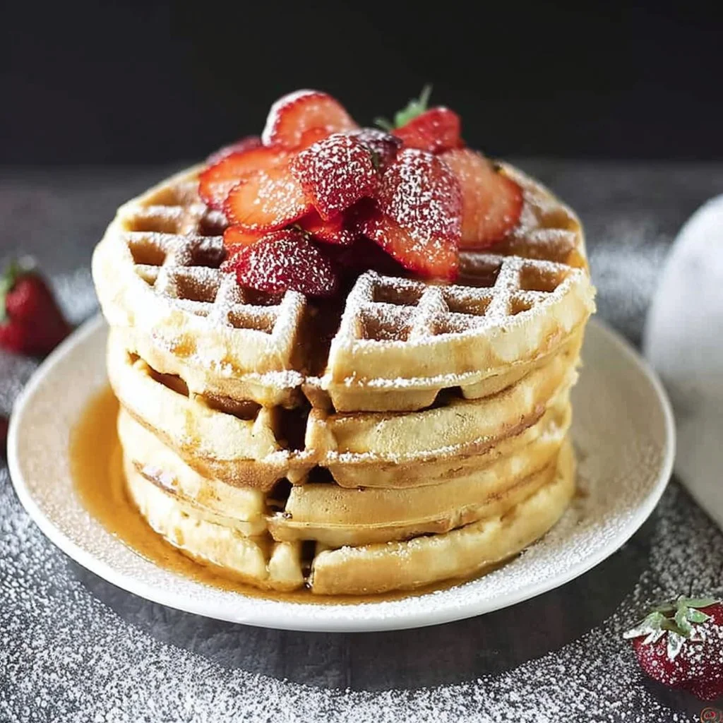 Golden brown homemade Belgian waffle topped with syrup and fruits