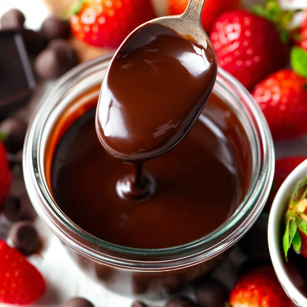 A jar of homemade chocolate sauce drizzled over ice cream and desserts