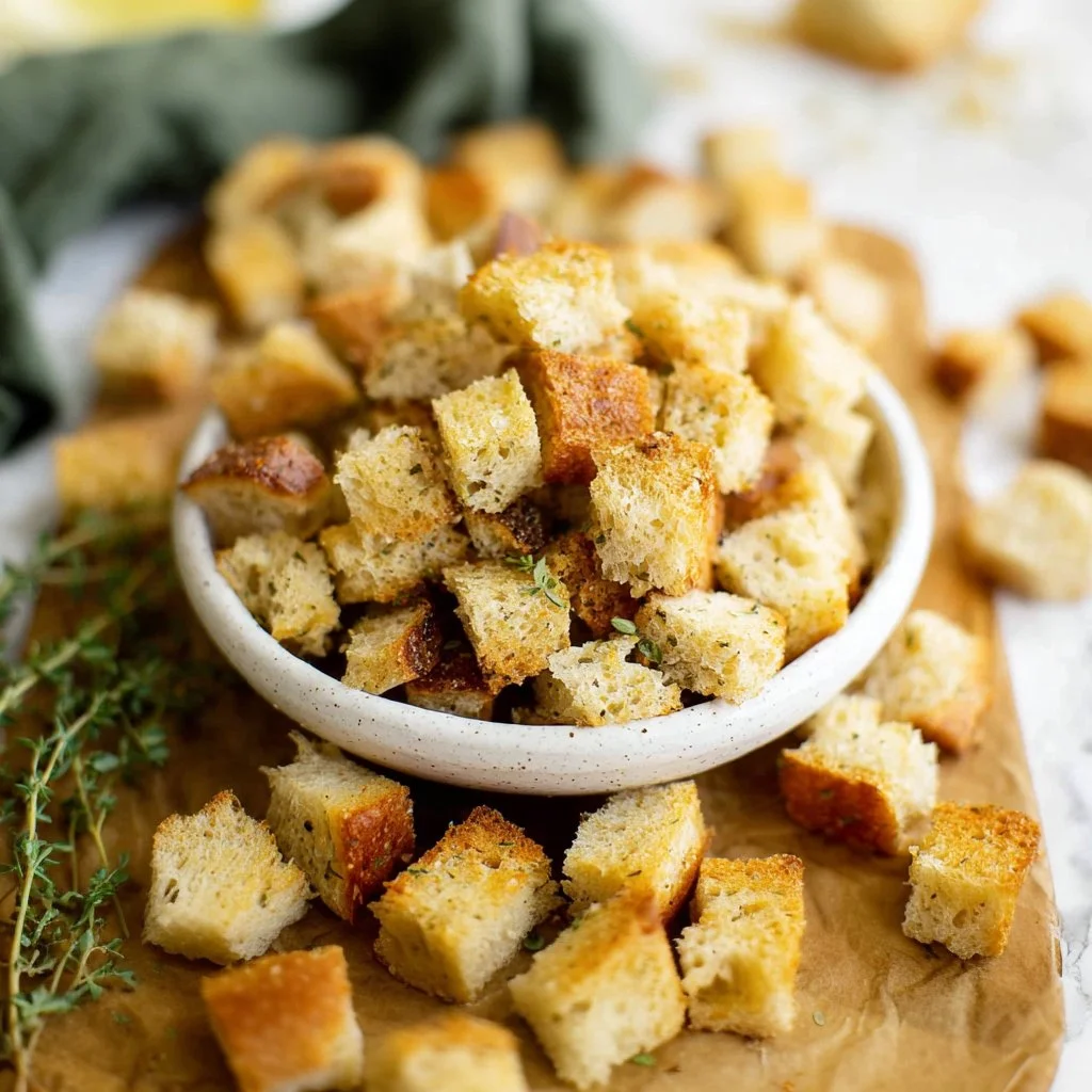 Bowl of homemade croutons ready to add to salads or soups