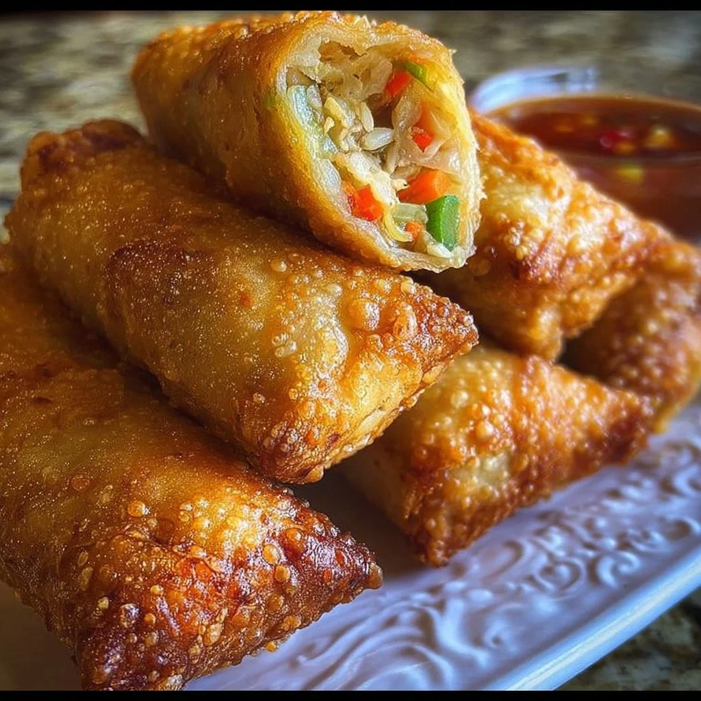 Plate of homemade egg rolls served with dipping sauce
