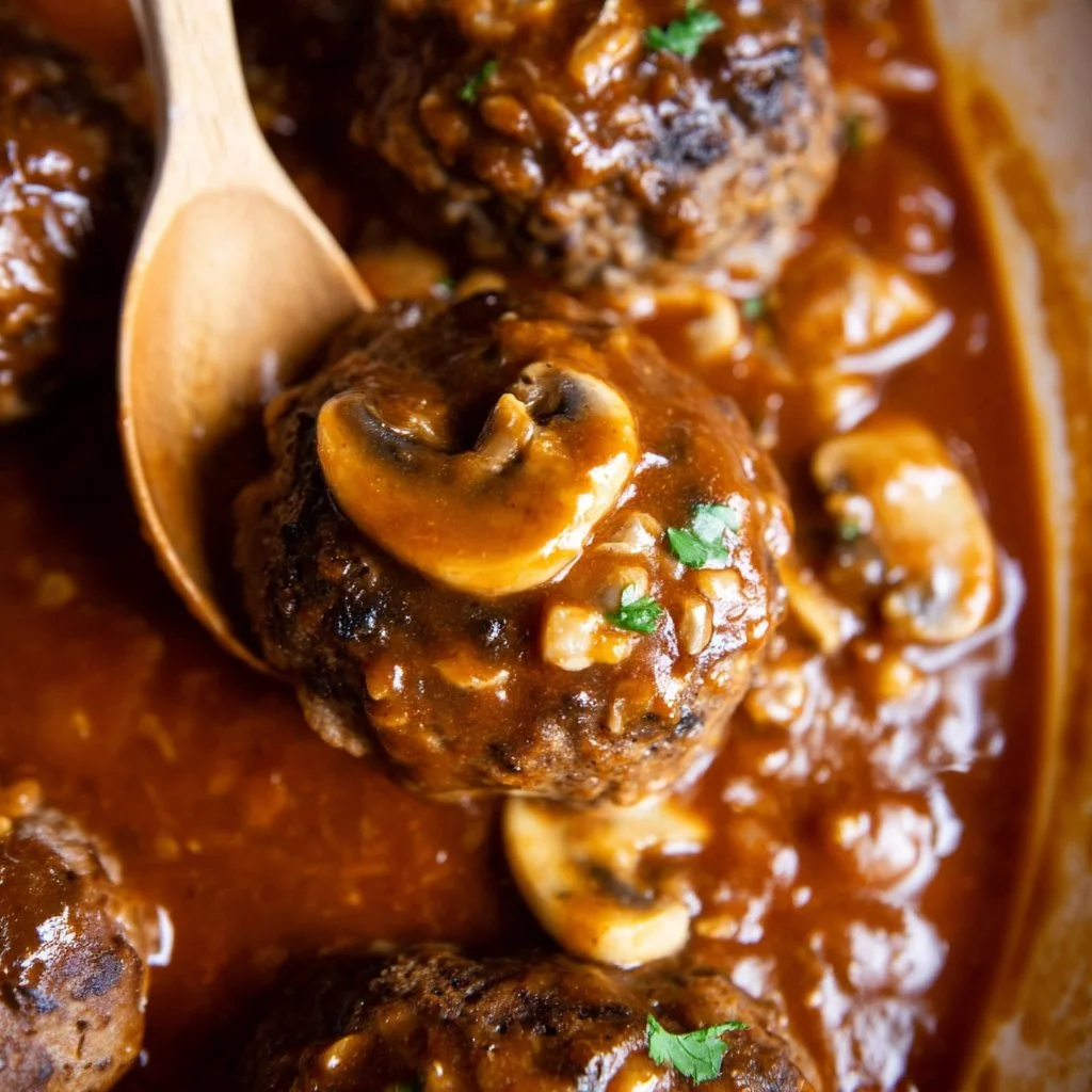 Delicious homemade Salisbury Steak served with creamy gravy and mashed potatoes.