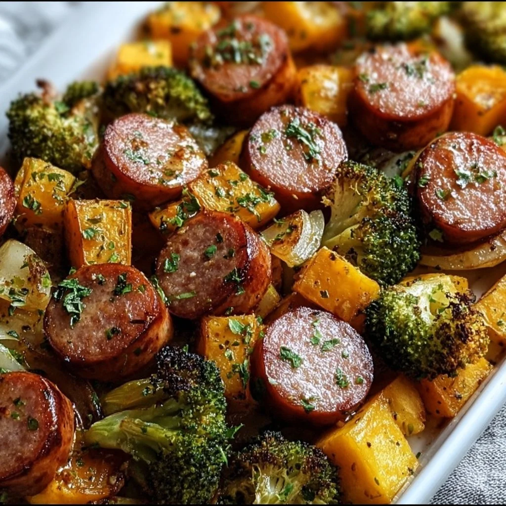 Honey Garlic Sheet Pan Sausage with vegetables on a baking tray
