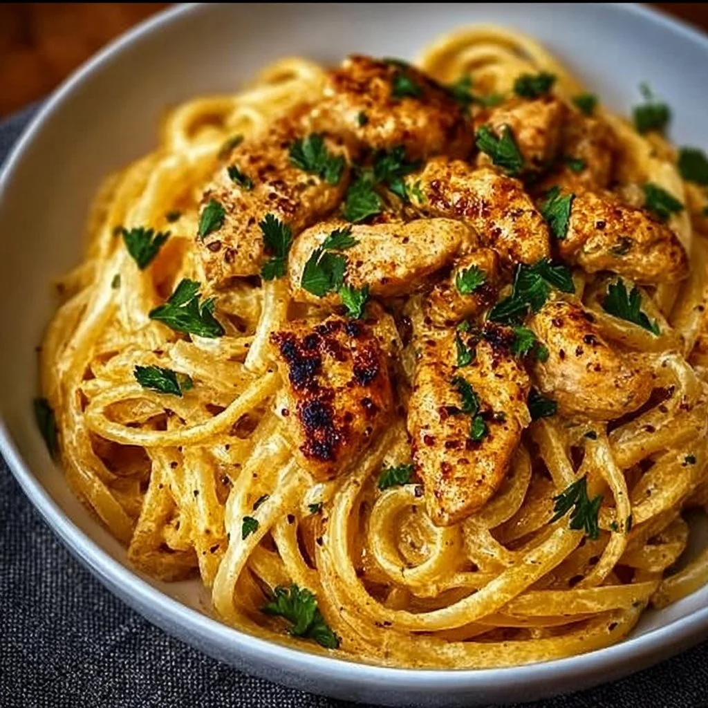 Delicious Cowboy Butter Chicken Linguine garnished and ready to serve