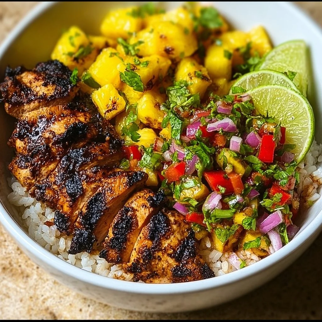 Bowl of jerk chicken topped with pineapple salsa, garnished with fresh herbs.