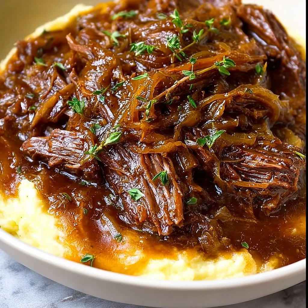 Delicious French onion pot roast served with herbs and caramelized onions.