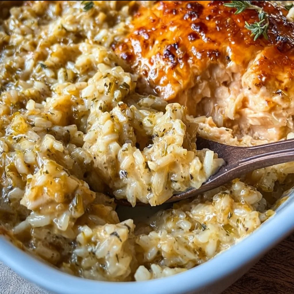 Creamy Chicken Rice Casserole with vegetables served in a baking dish