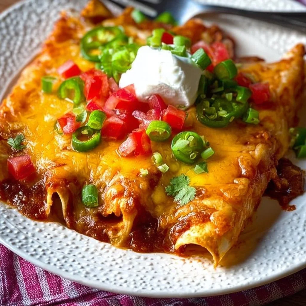 Plate of lazy enchiladas topped with cheese and green toppings