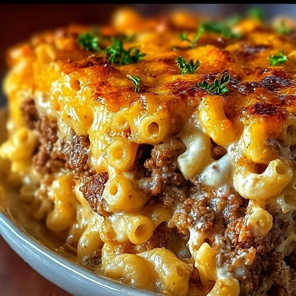 Delicious Mac and Cheese Meatloaf Casserole served in a baking dish