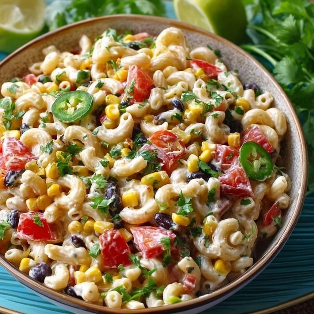 Bowl of vibrant Mexican Macaroni Salad with vegetables and spices