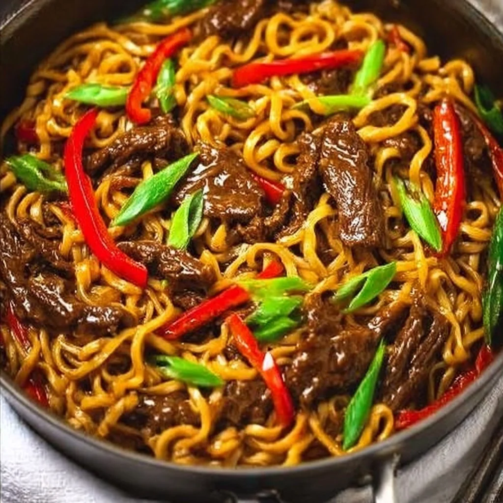 Delicious Mongolian Beef Noodles garnished with vegetables and herbs
