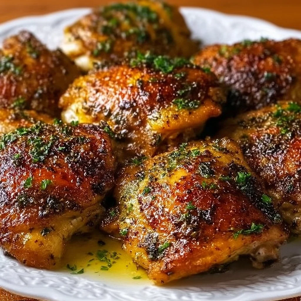 Delicious oven baked chicken thighs served with vegetables on a plate