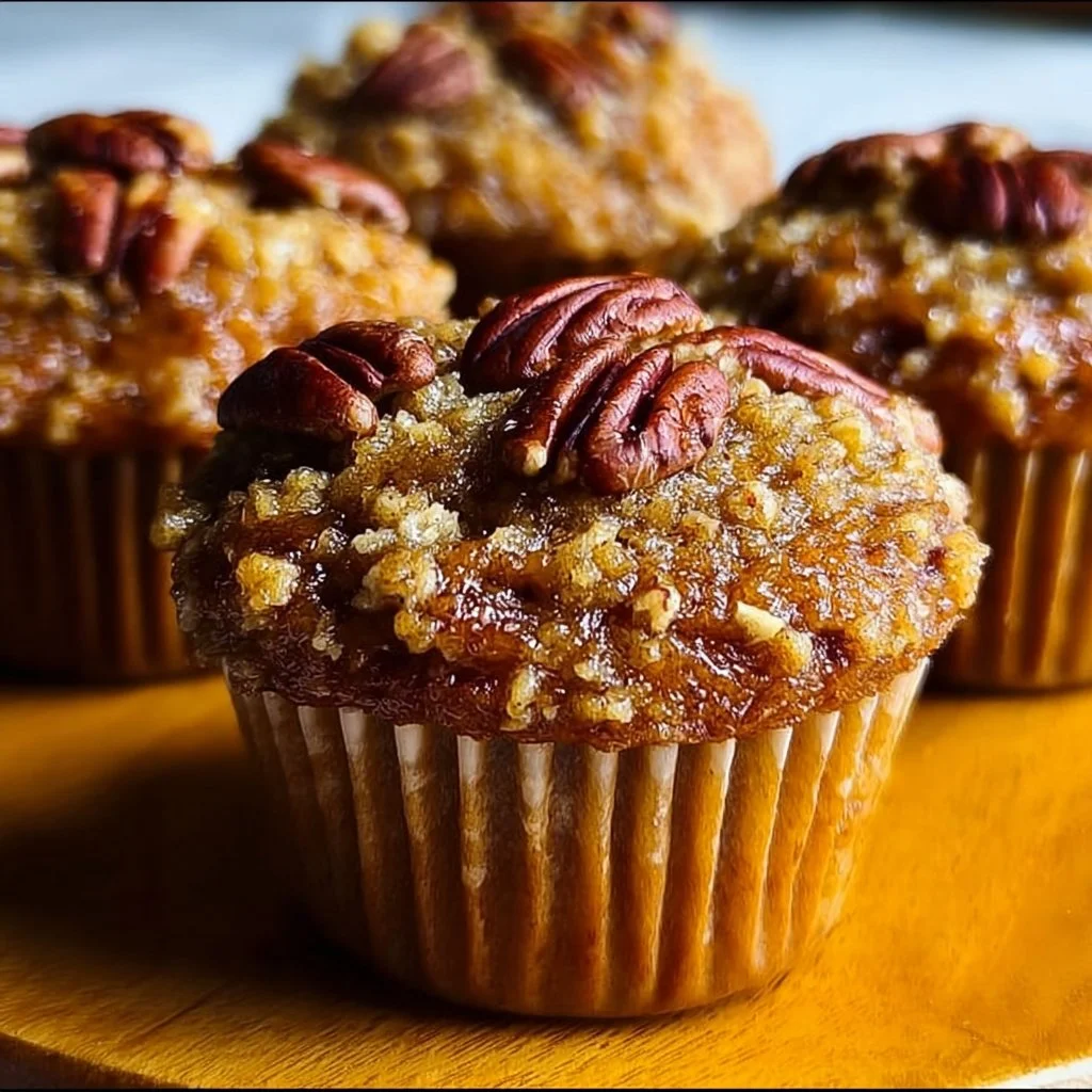 Homemade pecan pie muffins with brown sugar glaze and chopped pecans