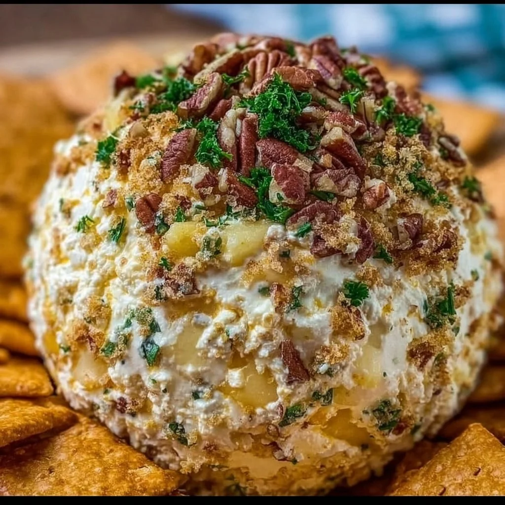 Delicious Pineapple Pecan Cheese Ball ready for serving at a party