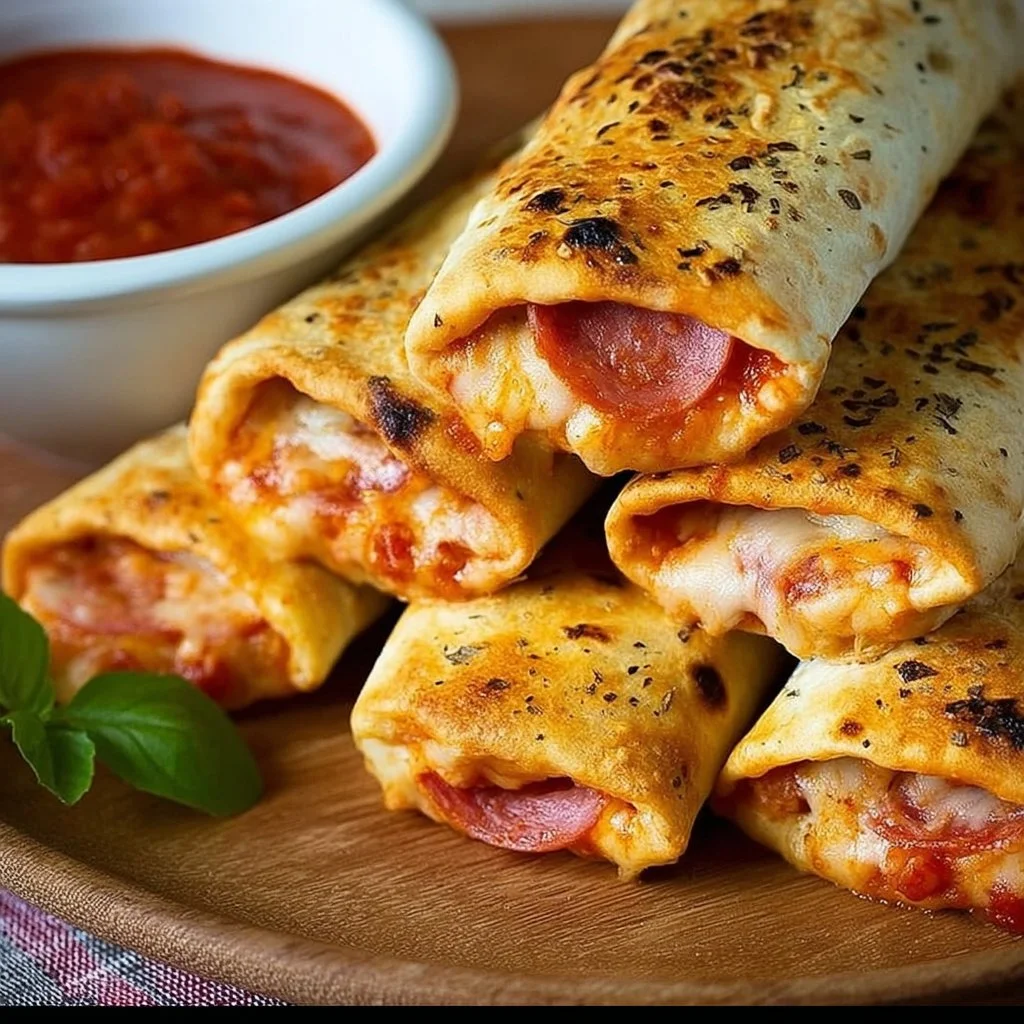 Delicious pizza burritos fresh out of the oven, featuring melted cheese and toppings