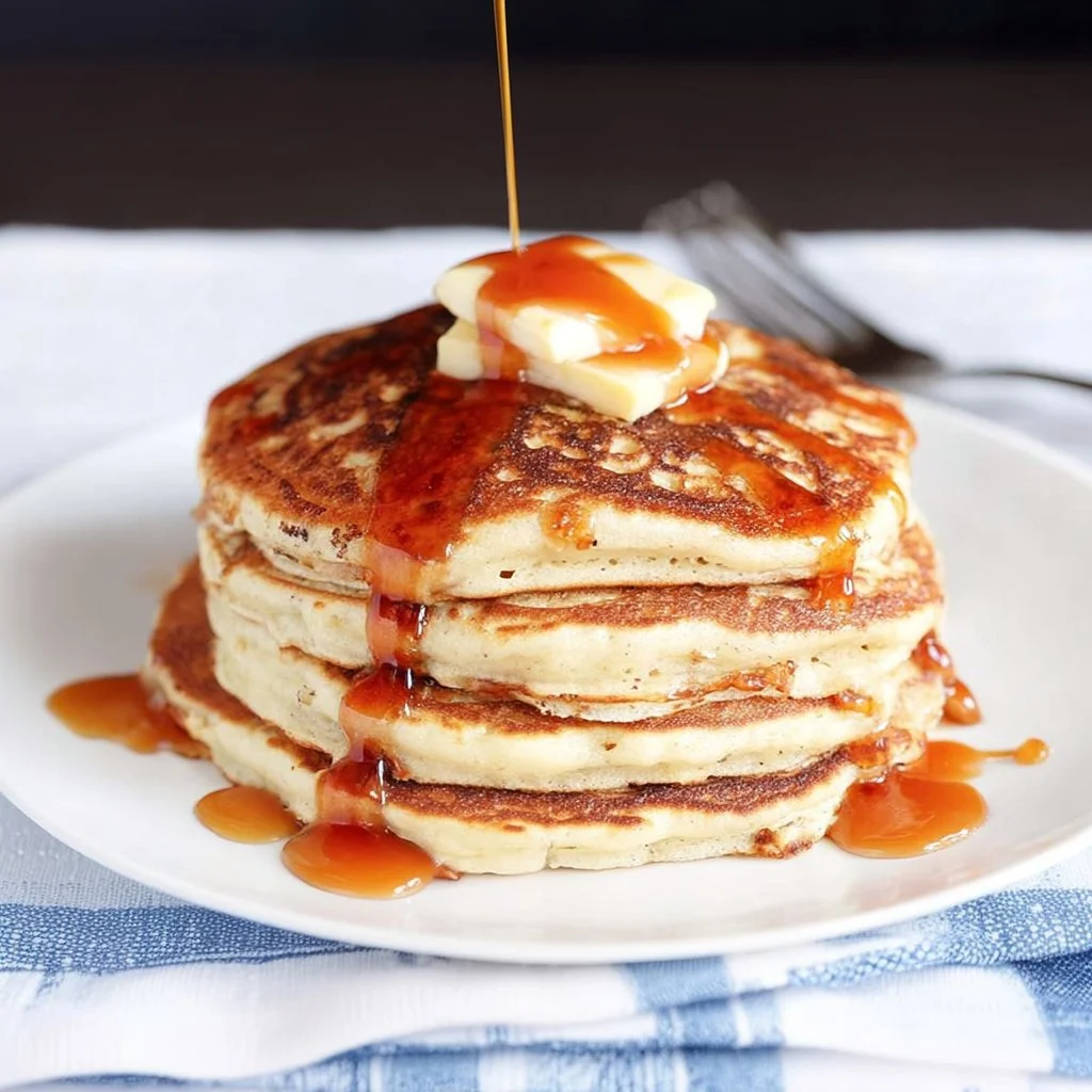 Delicious protein pancakes stacked with fresh fruit and syrup