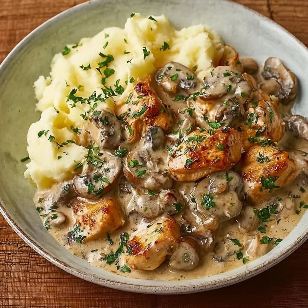 Delicious Rich Chicken Stroganoff served with pasta and fresh herbs.