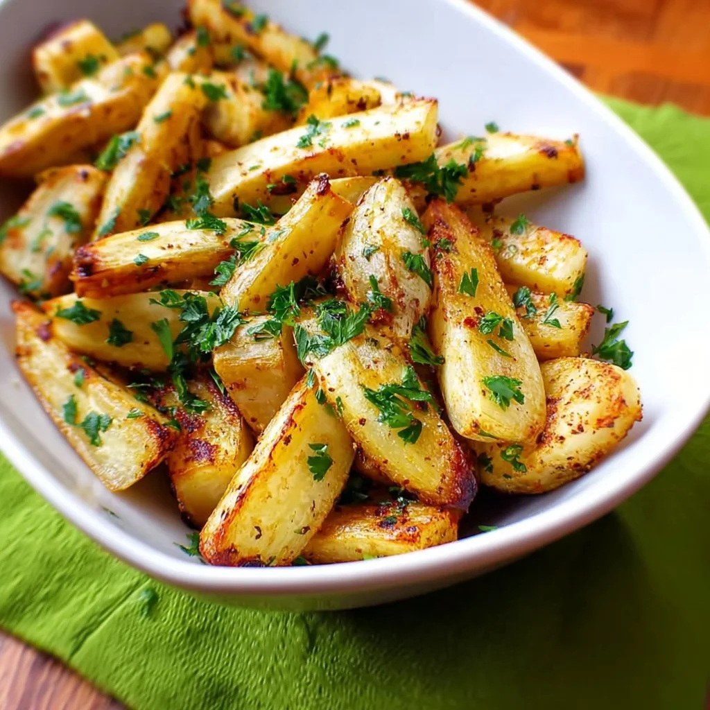 Delicious roasted parsnips, golden brown and caramelized, served as a side dish.
