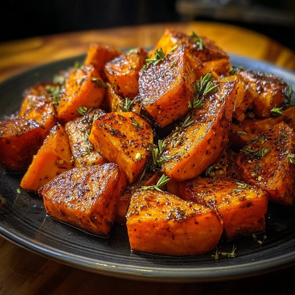 Bowl of crispy roasted sweet potatoes garnished with herbs and spices
