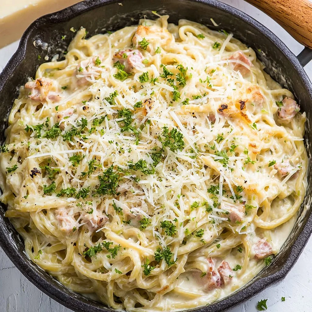 Delicious plate of Rotisserie Chicken Alfredo with pasta and creamy sauce