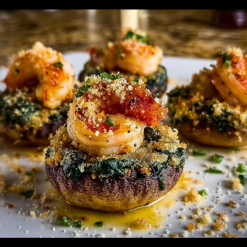 Shrimp and crab stuffed mushrooms with spinach and parmesan on a platter