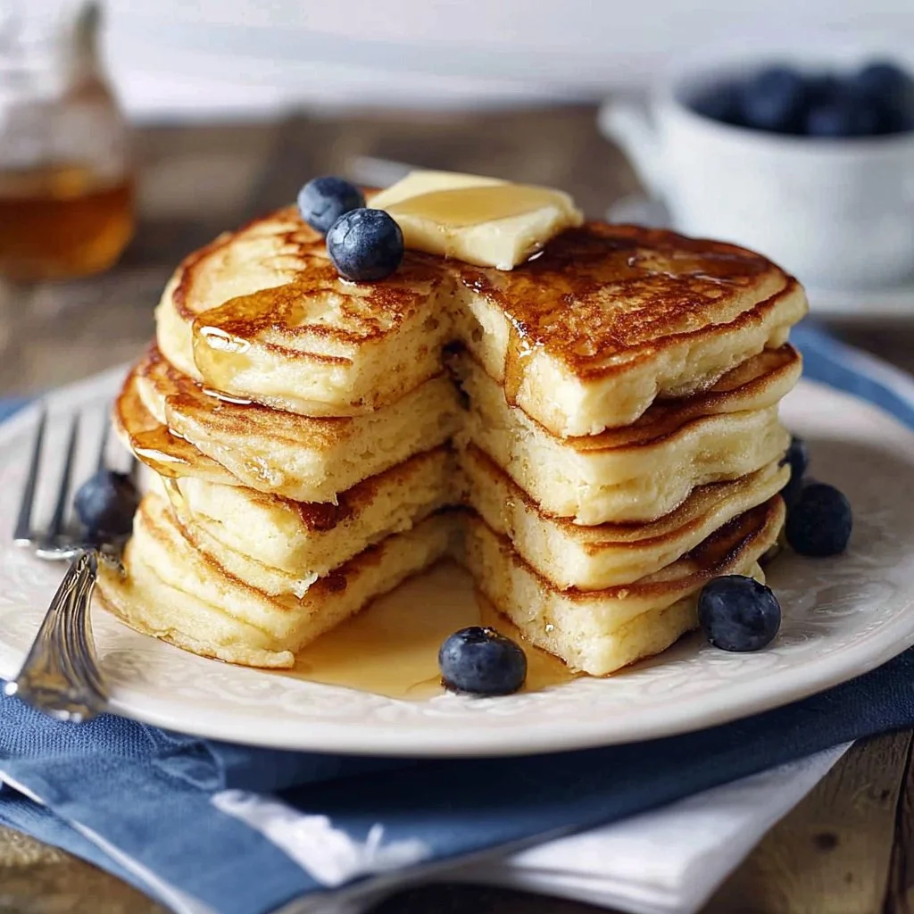 Fluffy simply perfect pancakes stacked on a plate with syrup and butter