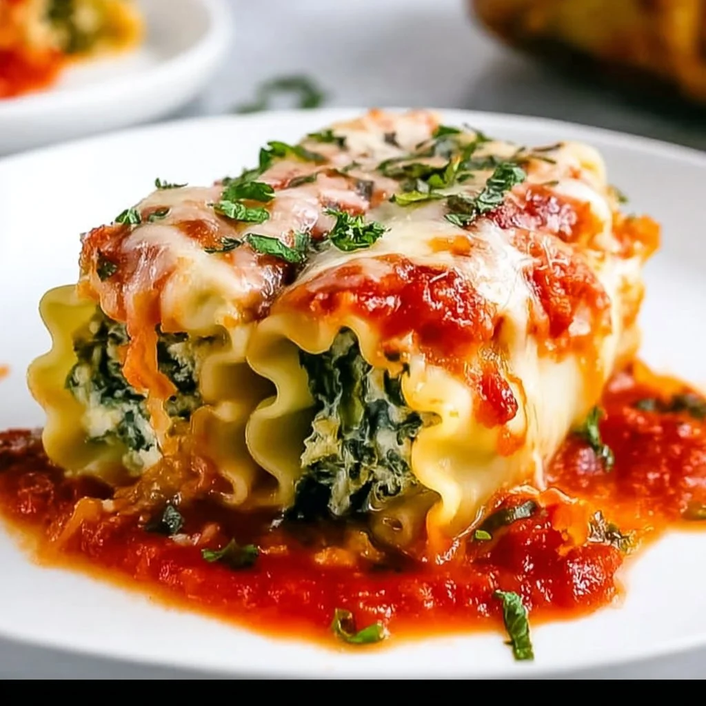 Delicious spinach lasagna rolls with cheese and herbs on a plate