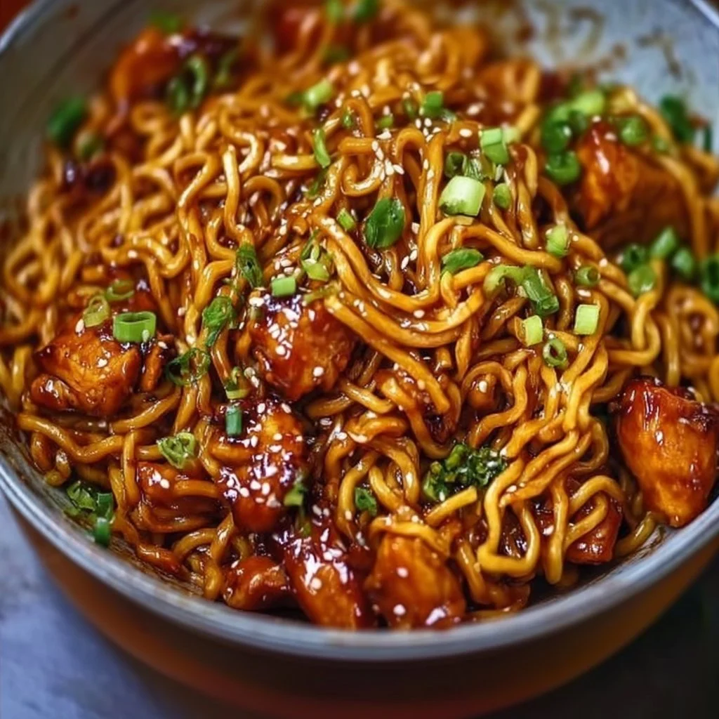 Delicious Sticky Garlic Chicken Noodles plated with fresh herbs