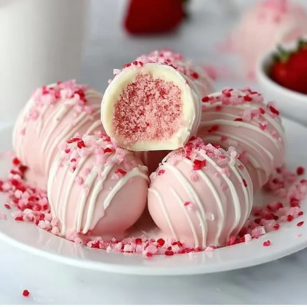 Delicious homemade strawberry cake balls drizzled with frosting.