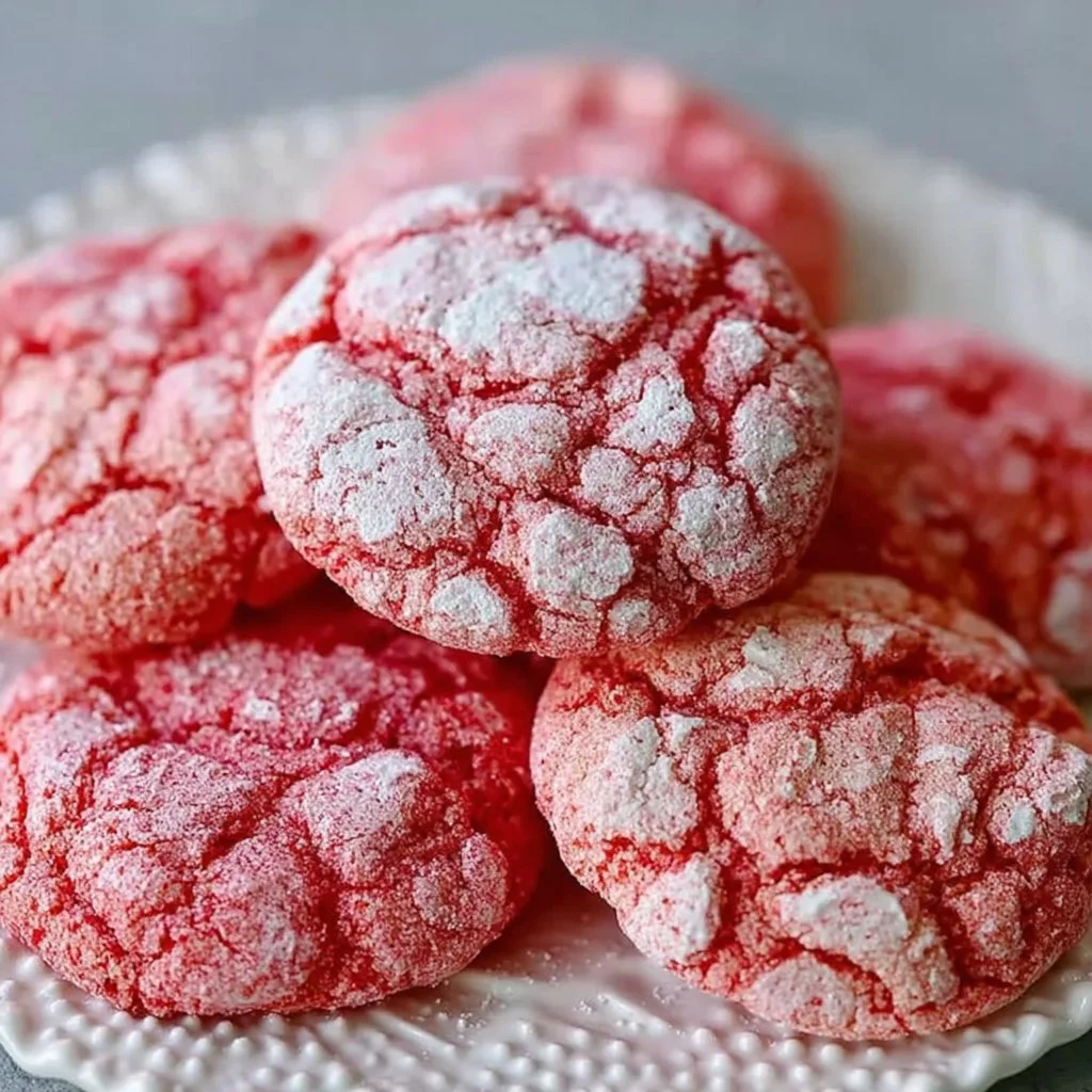 Delicious strawberry crinkle cookies with powdered sugar coating on a plate.