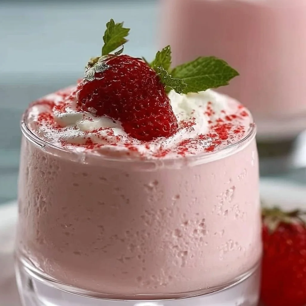 Delicious strawberry mousse dessert in a glass garnished with fresh strawberries.