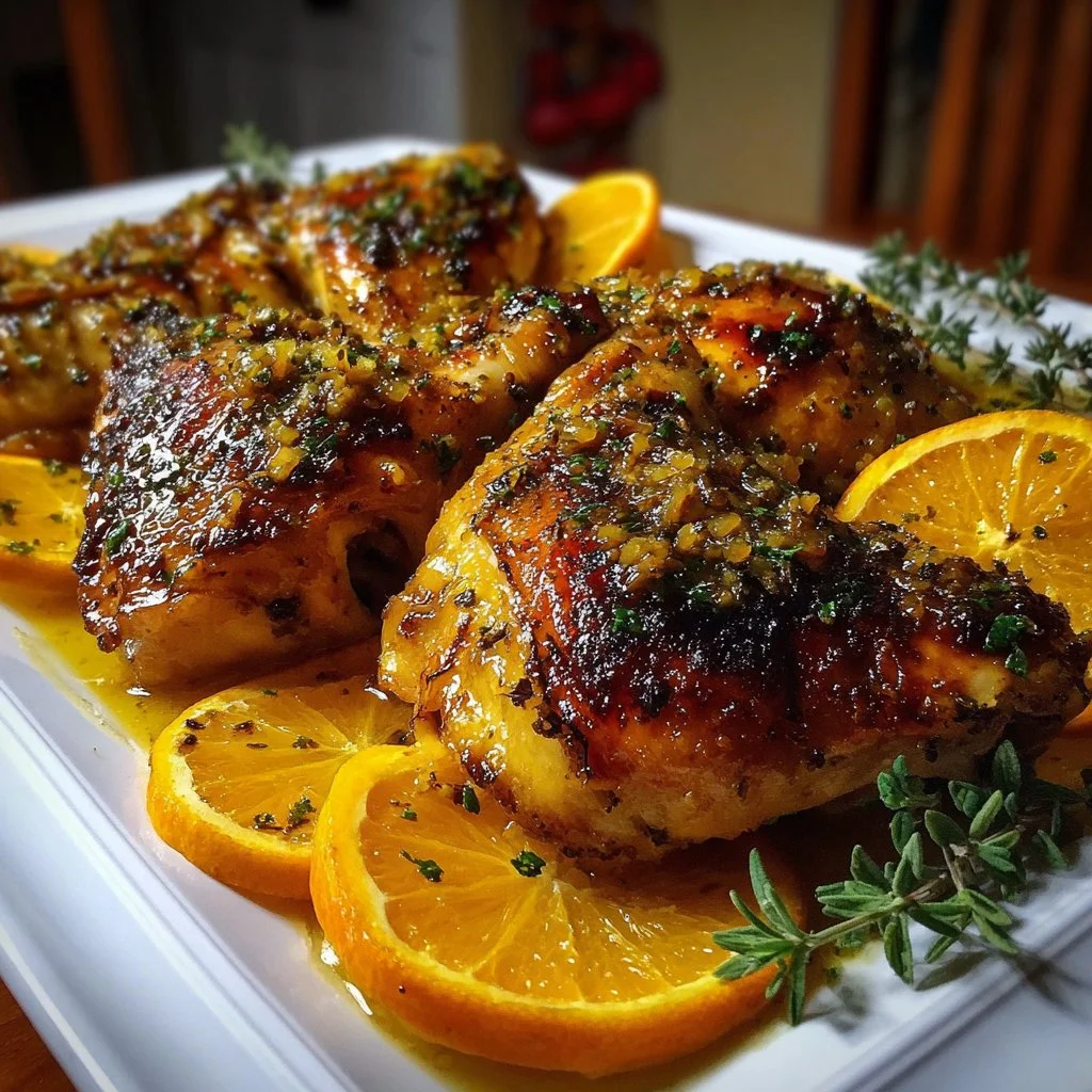 Plate of sweet and savory roasted orange chicken garnished with orange slices.