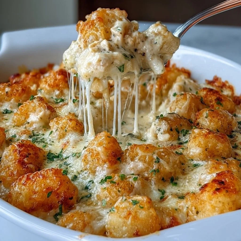 Delicious Tater Tot Casserole served in a baking dish with toppings.
