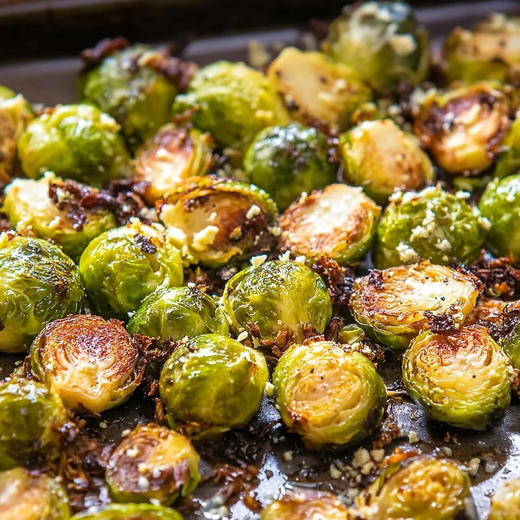 Plate of perfectly cooked Brussels sprouts with savory seasonings and garnishes.