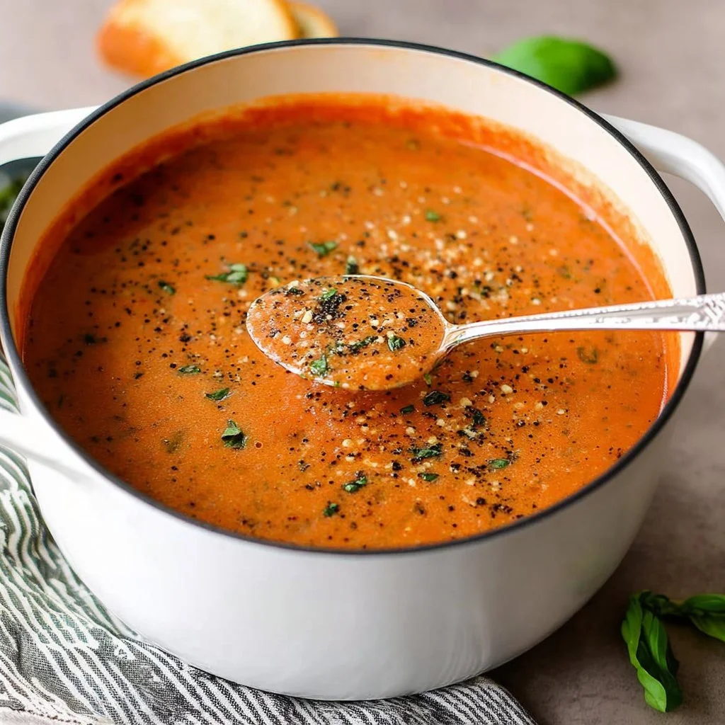 Bowl of Tomato Basil Parmesan Soup garnished with fresh basil and cheese.