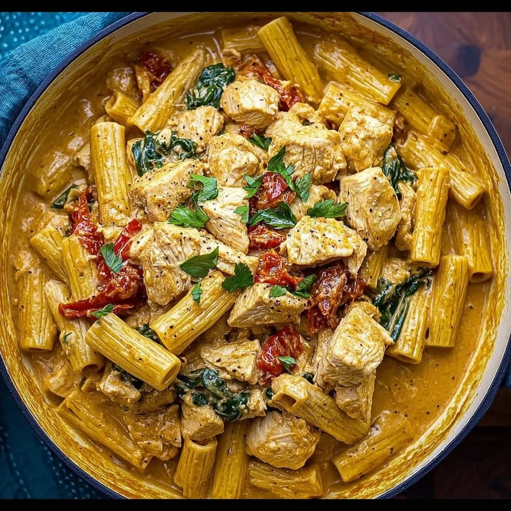 Delicious Tuscan Chicken Pasta with chicken, vegetables, and creamy sauce