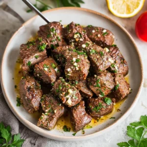 Air fryer steak bites served with lemon garlic butter sauce