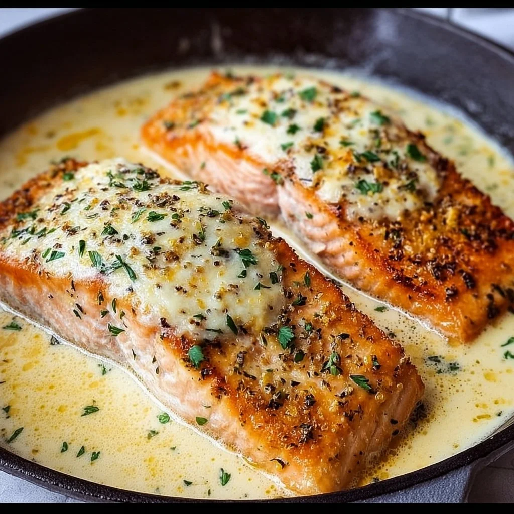 Baked Boursin Salmon served on a plate with herbs and lemon slices