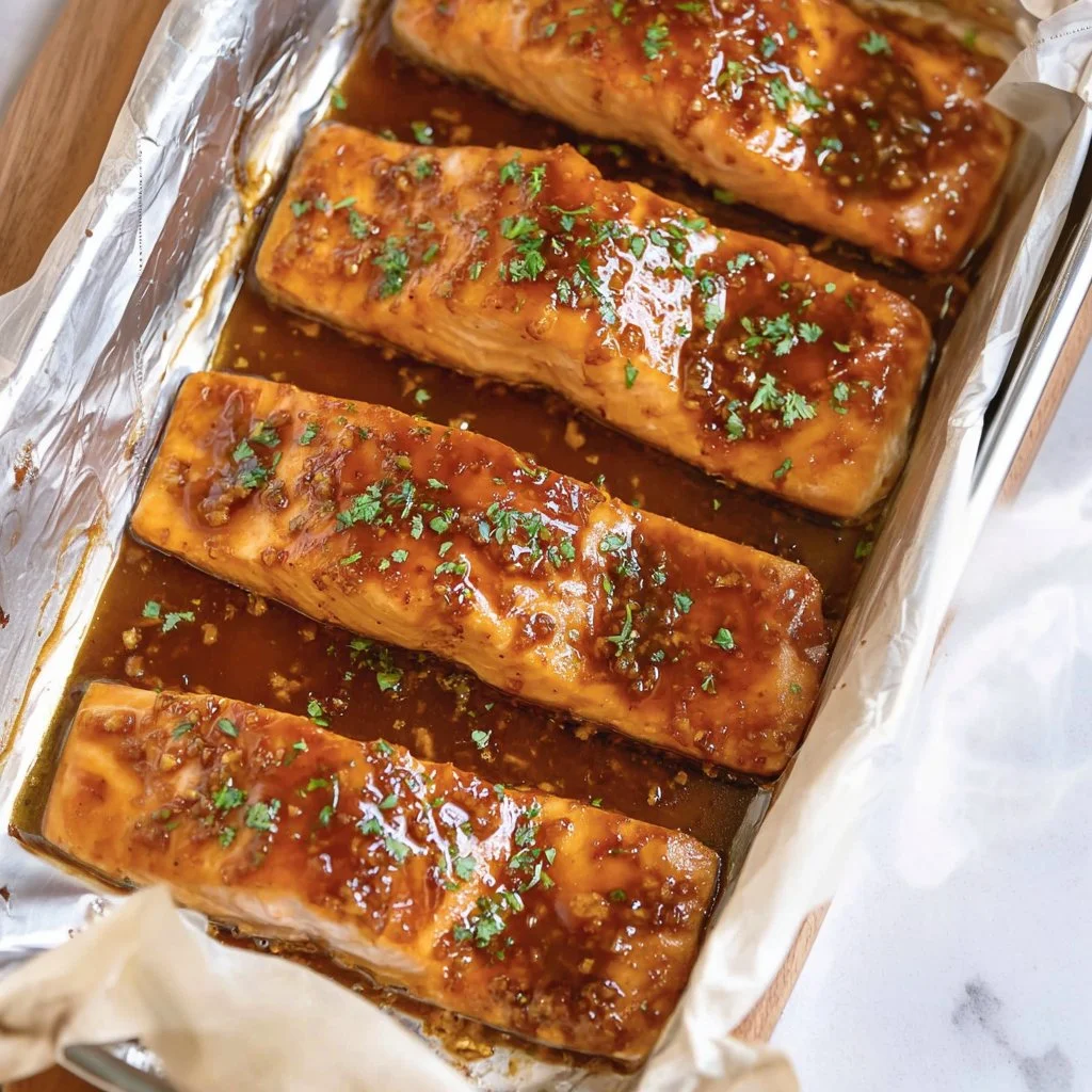 Deliciously baked salmon fillet garnished with herbs and lemon slices